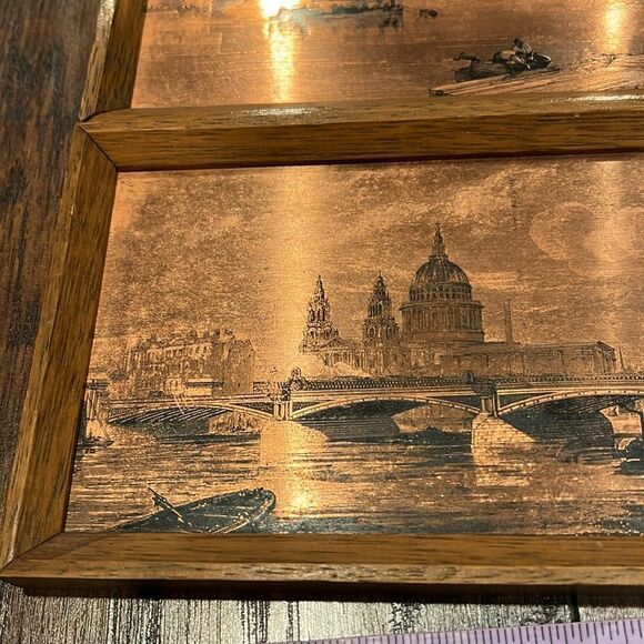 VTG copper etched art work Chelsea Bridge and Blackfriars Bridge in wood frame - Picture 5 of 6